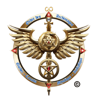 Logo doré ésotérique avec anneau, signe de l'infini, triangle, bâton, Ankh, Ouroboros, étoile de David, tétraèdre et pentagramme, illustrant l’initiation spirituelle et l’ascension mystique.